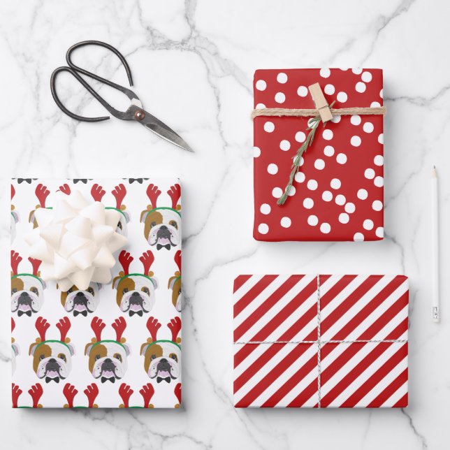 Cute English Bulldog & Red Striped Christmas Wrapping Paper Sheets (Front)