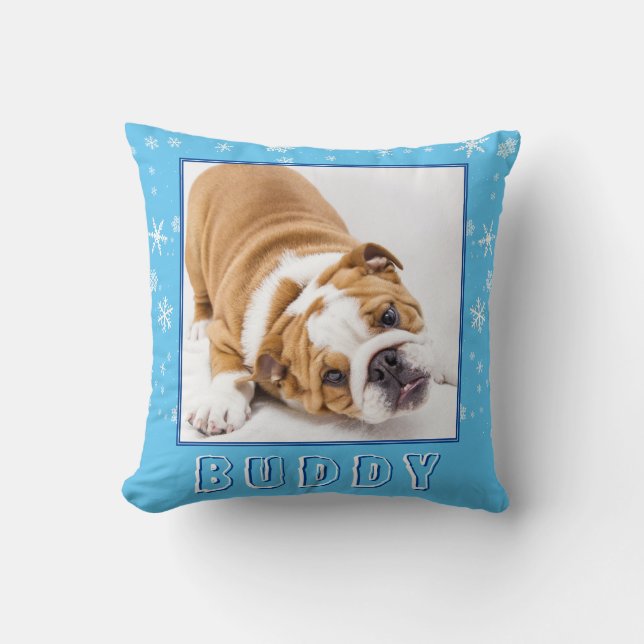 Cute English Bulldog Snowflake Christmas Dog Photo Throw Pillow (Front)