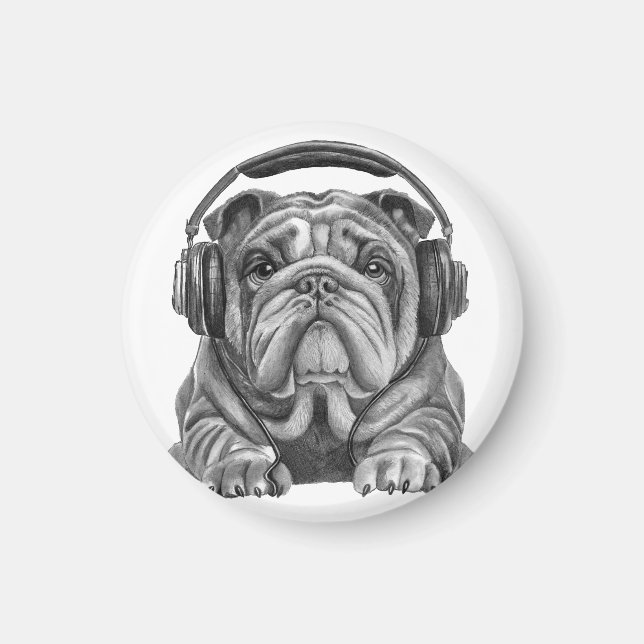 Cute english bulldog with headphones magnet (Front)