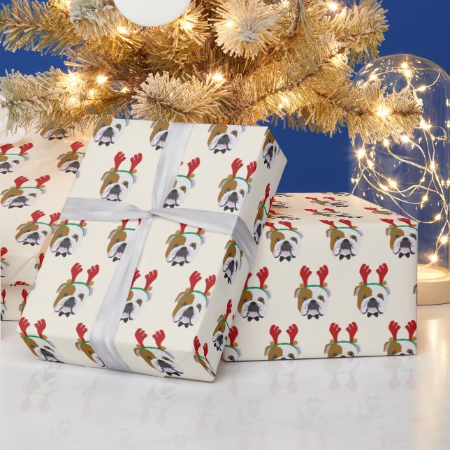 Cute English Bulldog with Reindeer Hat - Christmas Wrapping Paper (Holidays)