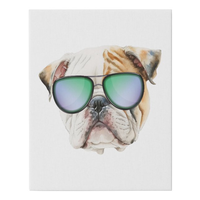 Cute english bulldog with sunglasses, Funny puppy Faux Canvas Print (Front)