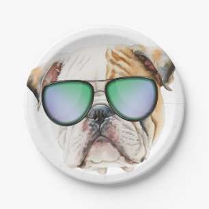 Cute english bulldog with sunglasses, Funny puppy Paper Plates