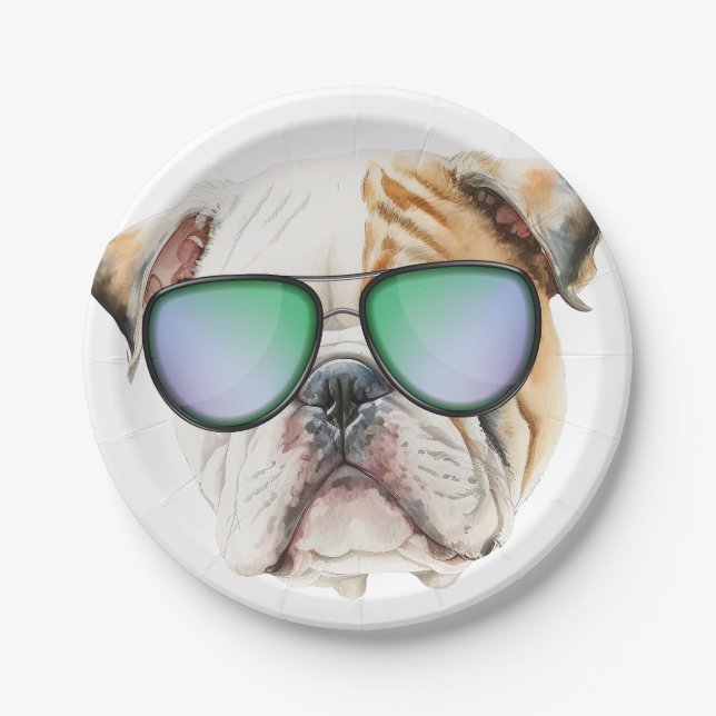 Cute english bulldog with sunglasses, Funny puppy Paper Plates (Front)