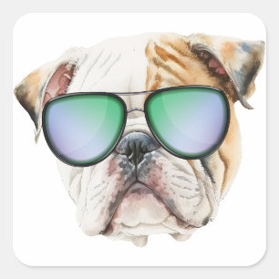Cute english bulldog with sunglasses, Funny puppy Square Sticker