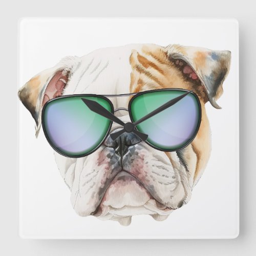 Cute english bulldog with sunglasses Funny puppy Square Wall Clock