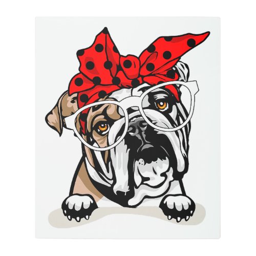 Cute English Bulldog Xmas Red Plaid Headband And G Metal Print