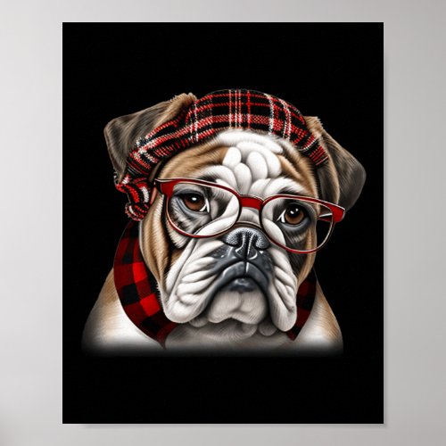 Cute English Bulldog Xmas Red Plaid Headband And G Poster