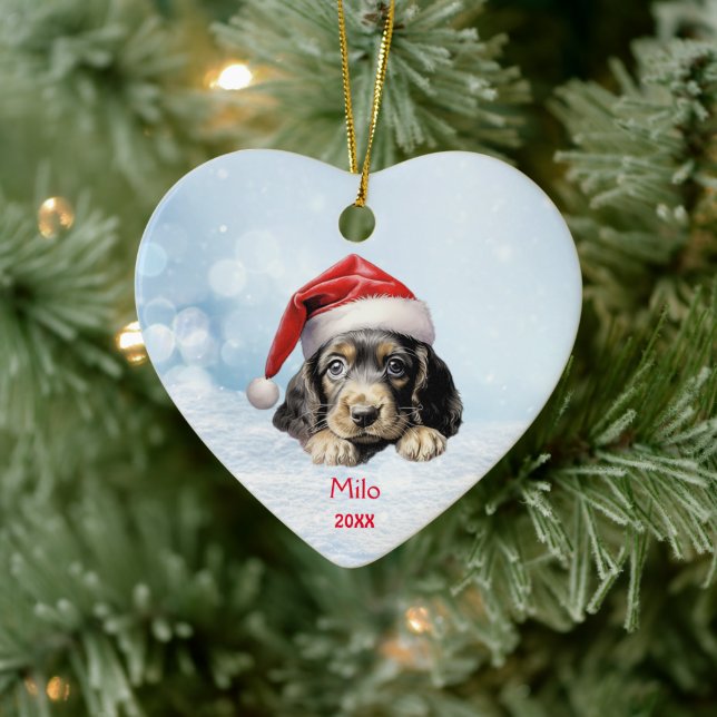Cute English Cocker Spaniel Dog Santa Hat Art Ceramic Ornament (Tree)