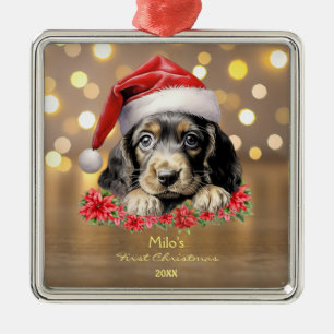 Cute English Cocker Spaniel Dog Santa Hat Art Metal Ornament