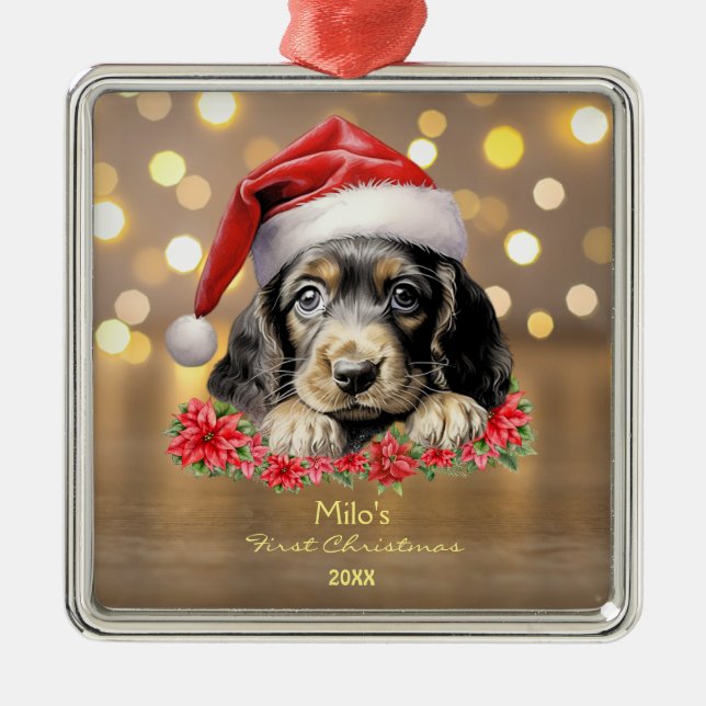 Cute English Cocker Spaniel Dog Santa Hat Art Metal Ornament (Front)
