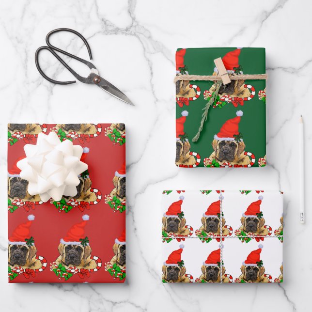 Cute English Mastiff Christmas Wrapping Paper Sheets (Front)