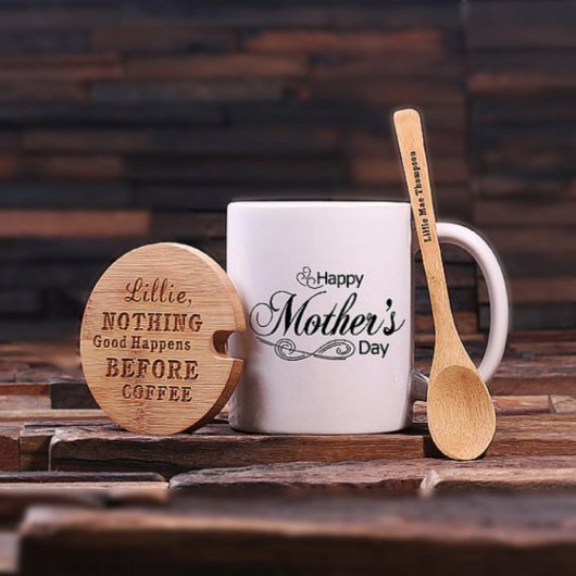 Cute Engraved Set w/ Teaspoon & Lid & Coffee Mug (Front)