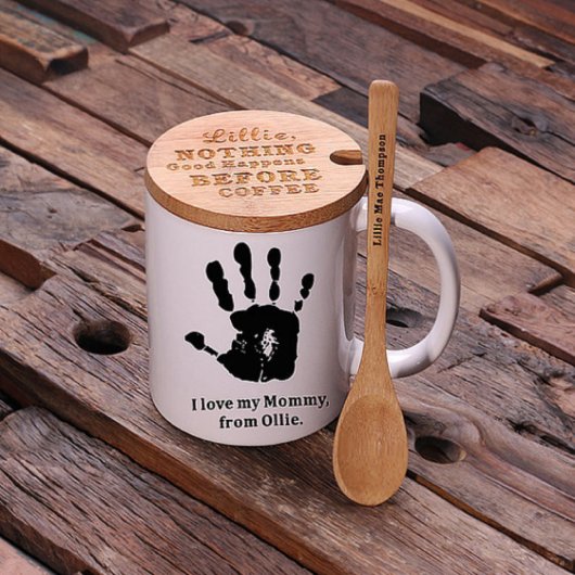 Cute Engraved Teaspoon, Bamboo Lid & Coffee Mug (Front Top)