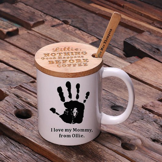 Cute Engraved Teaspoon, Bamboo Lid & Coffee Mug (Front Top)