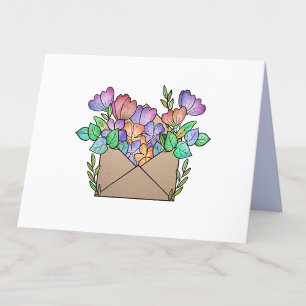Cute Envelope with Purple Flowers Blank Letterpress Thank You Card