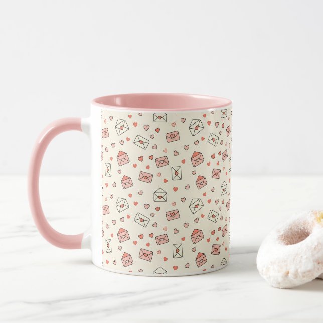 Cute Envelopes & Hearts Seamless Valentine Mug (With Donut)