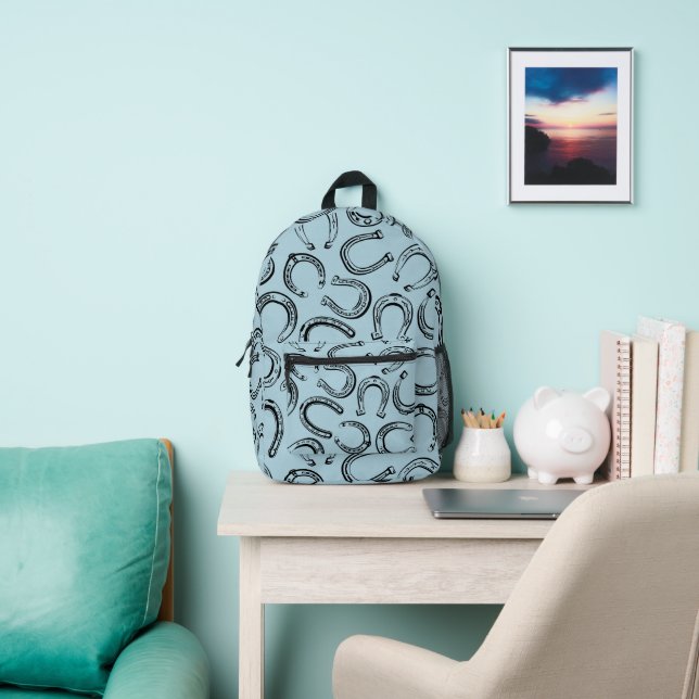 Cute Equestrian Black Horseshoe Pattern Printed Backpack (Insitu)