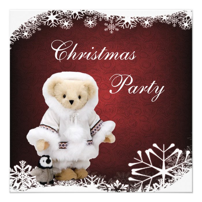 Cute Eskimo Teddy Bear & Penguin Christmas Party Invitations