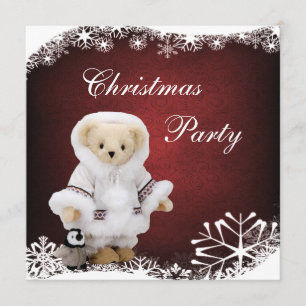 Cute Eskimo Teddy Bear & Penguin Christmas Party Invitation