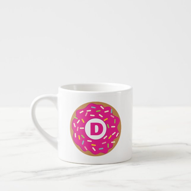 Cute espresso cup mug with pink glazed donut logo (Left)