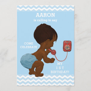 Cute Ethnic Boy on Phone 1st Birthday Chevrons Invitation