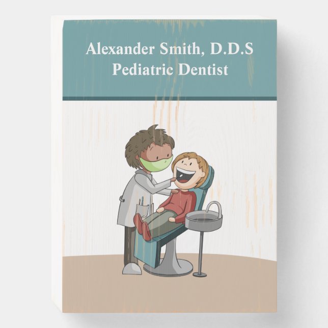 Cute Ethnic Pediatric Dentist Cartoon Wooden Box Sign (Front Vertical)