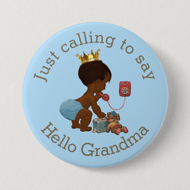 Cute Ethnic Prince Calling to Say Hello Grandma Pinback Button (Front)