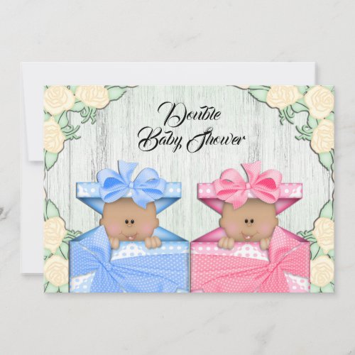 Cute Ethnic Twin Baby  Flowers Baby Shower Invitation