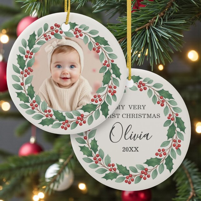 Cute Eucalyptus Baby First Christmas Photo Ceramic Ornament (Creator Uploaded)