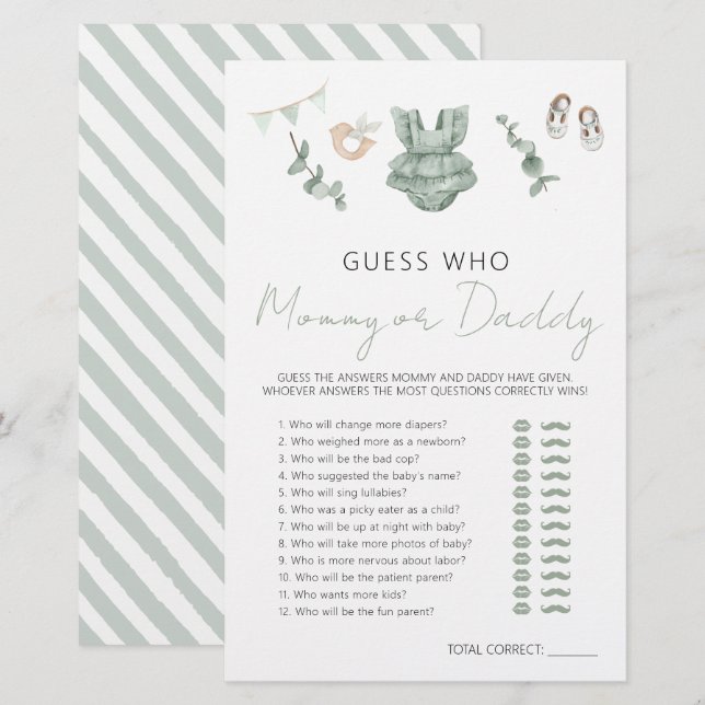 Cute Eucalyptus Baby Shower Mommy or Daddy Game (Front/Back)