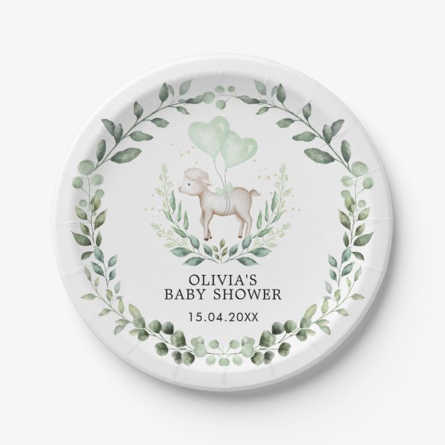 Cute Eucalyptus Little Lamb & Balloons Baby Shower Paper Plates (Front)