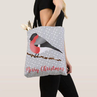 Cute Eurasian Bullfinch Bird Merry Christmas Text Tote Bag