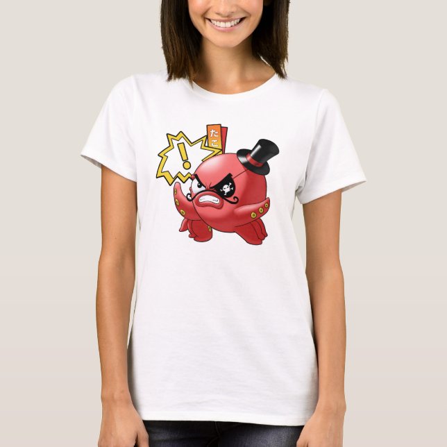 Cute Evil Red Octopus with Mustache and Eye Patch T-Shirt (Front)
