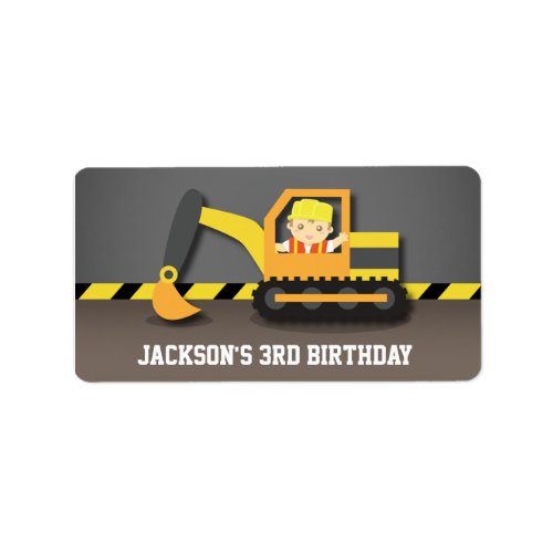 Cute Excavator Construction Birthday Party Labels