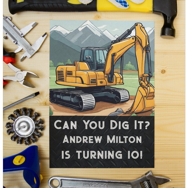 Cute Excavator Construction Equipment Digger  Invitation (Excavator themed birthday party invitation)