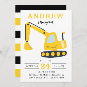 Cute Excavator Construction Kids Birthday Party Invitation