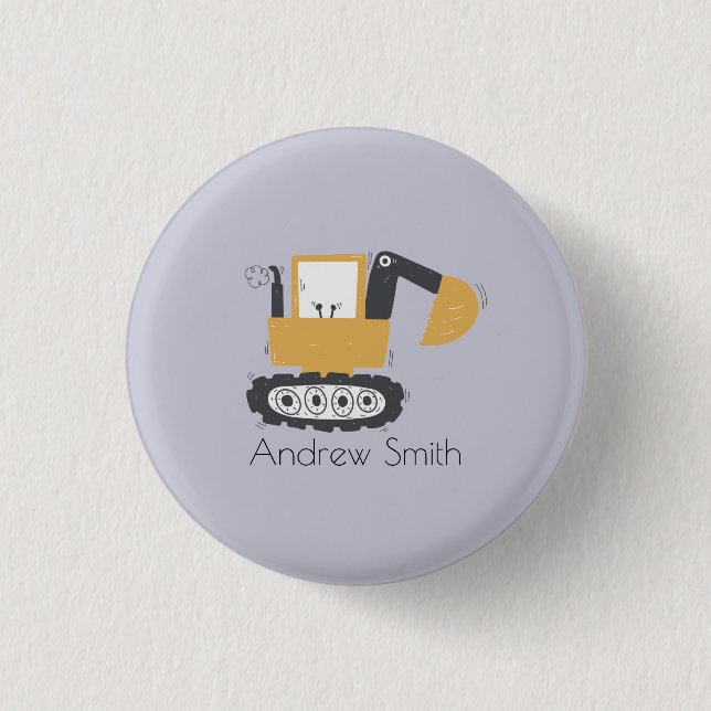 Cute Excavator Illustration Custom Name Button (Front)