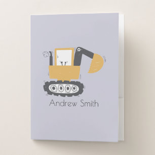 Cute Excavator Illustration Custom Name Pocket Folder