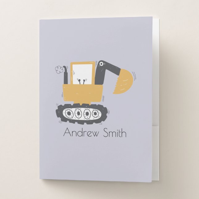 Cute Excavator Illustration Custom Name Pocket Folder (Front)