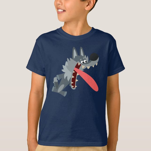 Cute Excited Cartoon Wolf Children T-Shirt (Front)