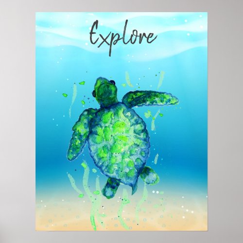 Cute Explore Sea Turtle Gender Neutral Poster