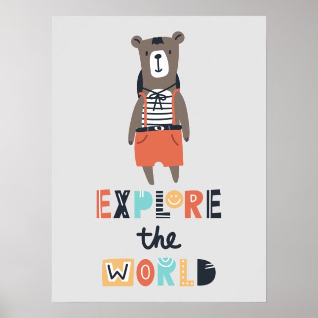 Cute Exploring Bear Kids Room Poster (Front)
