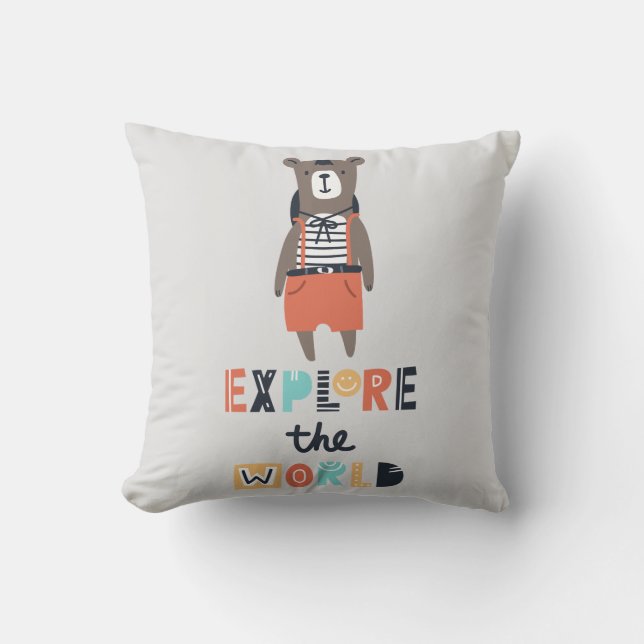 Cute Exploring Bear Throw Pillow (Front)