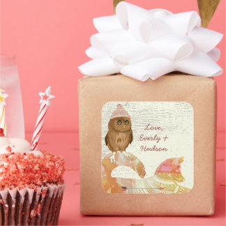 Cute Eyes Owl Fox Hats and Sweaters Barn Wood Square Sticker