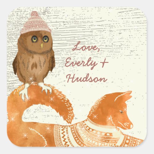 Cute Eyes Owl Fox Hats and Sweaters Barn Wood Square Sticker