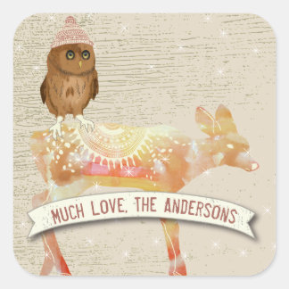 Cute Eyes Owl Watercolor Deer Barn Wood Square Sticker