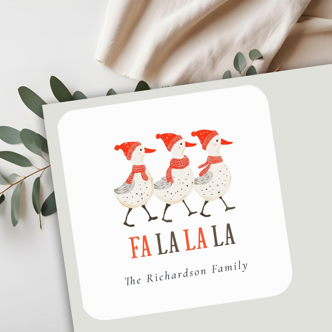 Cute Fa La La Red Winter Quacking Christmas Ducks  Square Sticker (Creator Uploaded)