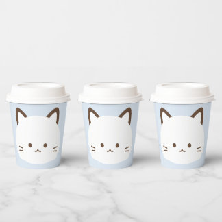 Cute face cat with pastel blue background paper cups