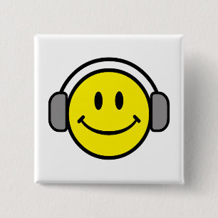 cute face with headphones pinback button