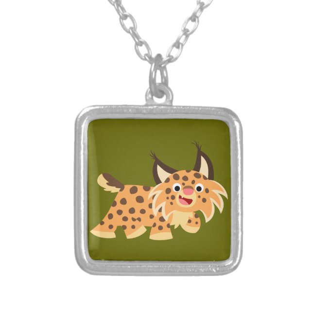 Cute Facetious Cartoon Bobcat Necklace (Front)